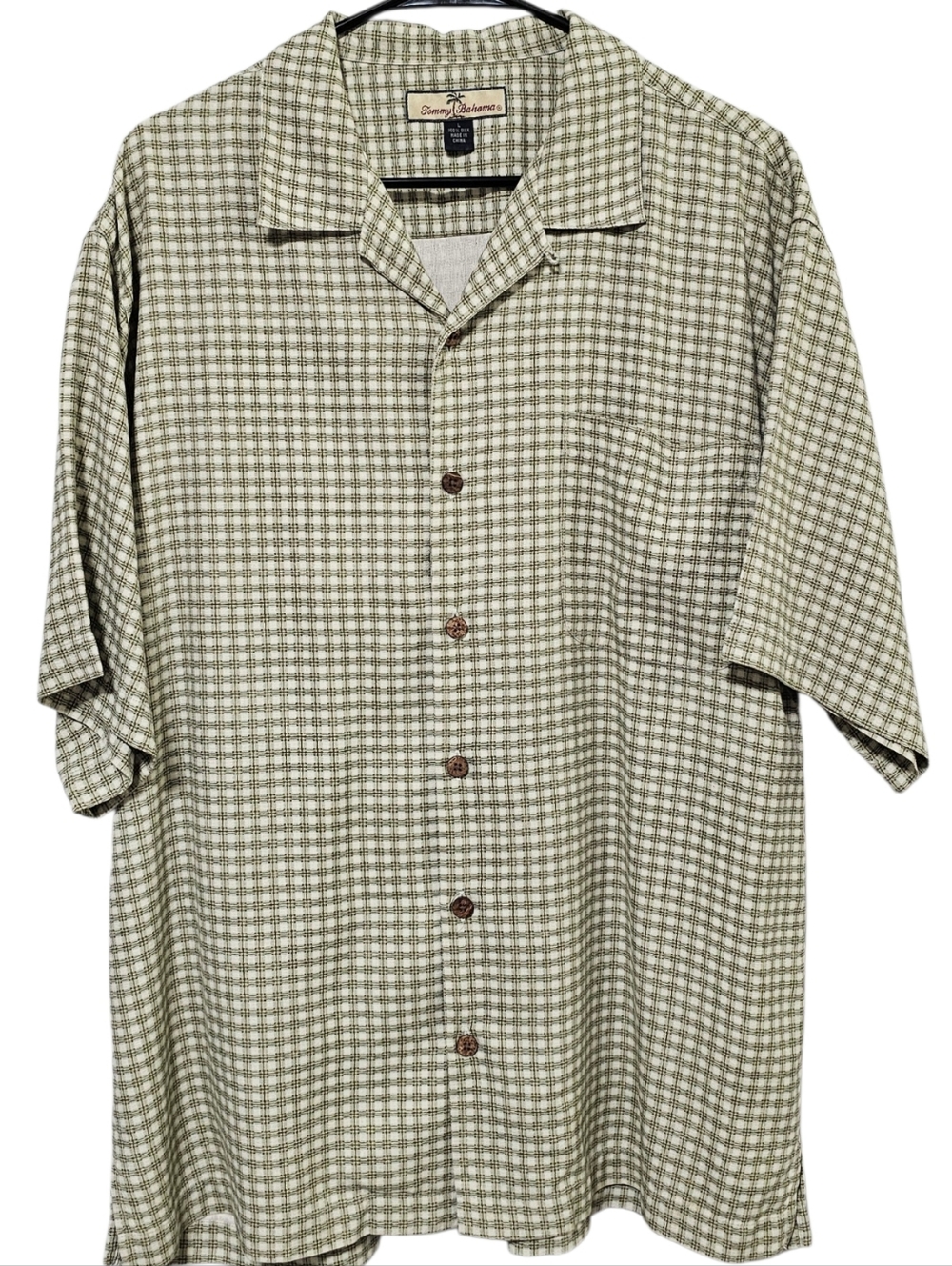 Tommy Bahama 100% Silk Men's Olive Green Plaid Short Sleeve Button Down Size L
